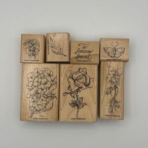 Stampin Up Flower Garden Wood Mounted Rubber Stamp Set of 7 Floral 2004 Vintage